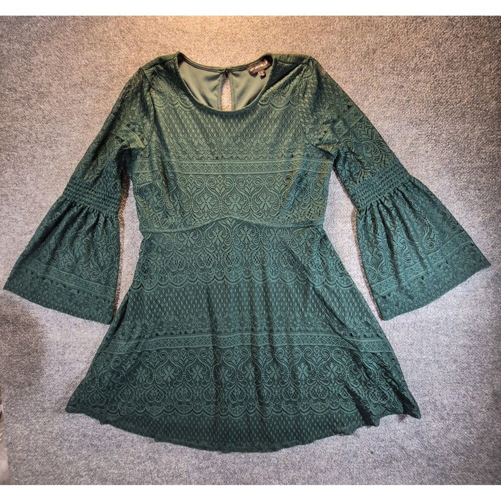 My Michelle Womens XL Green Lace Dress Bell Sleeve Fit Flare Boho Party Cocktail